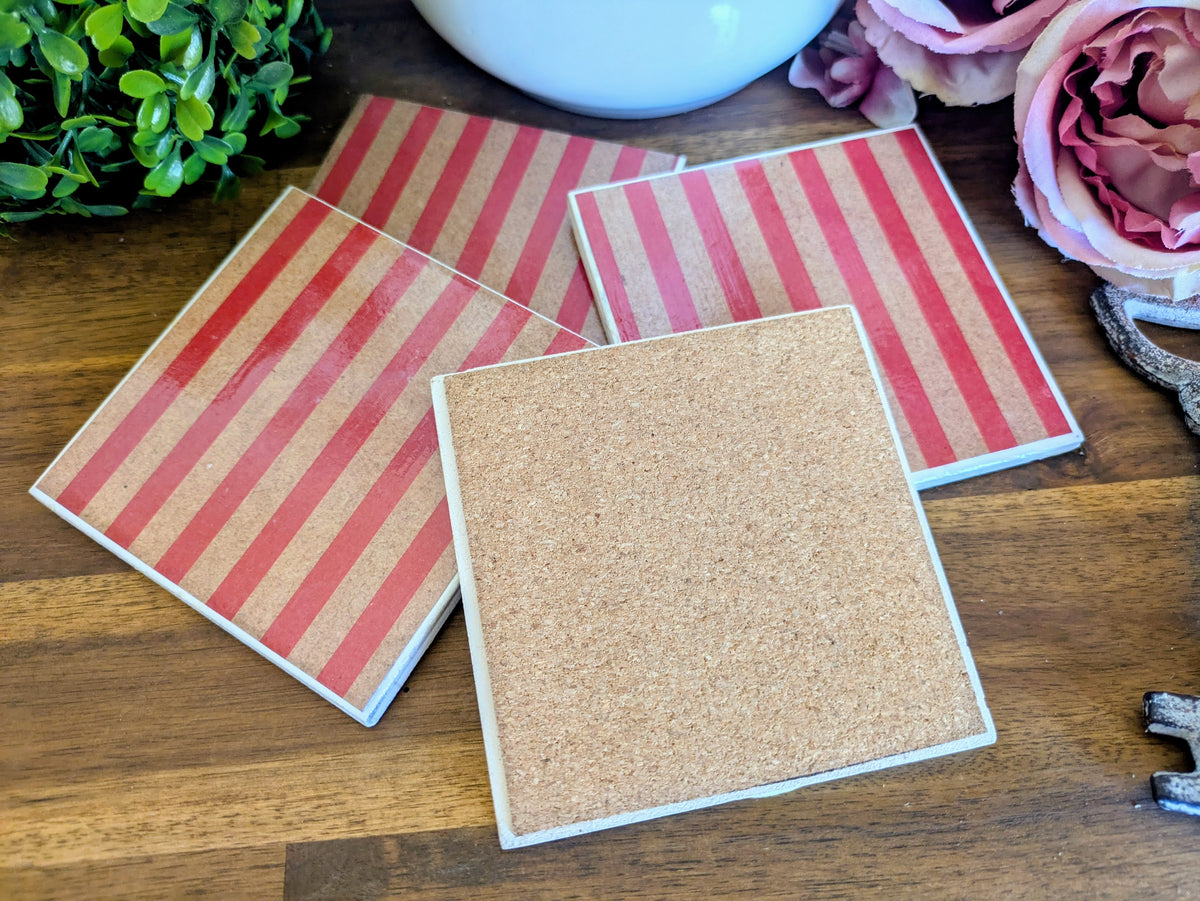 Hand Crafted Ceramic Coaster - Vintage Red Stripe Pattern Set of 4x