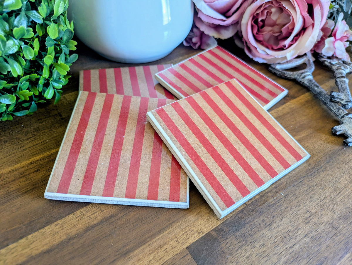 Hand Crafted Ceramic Coaster - Vintage Red Stripe Pattern Set of 4x