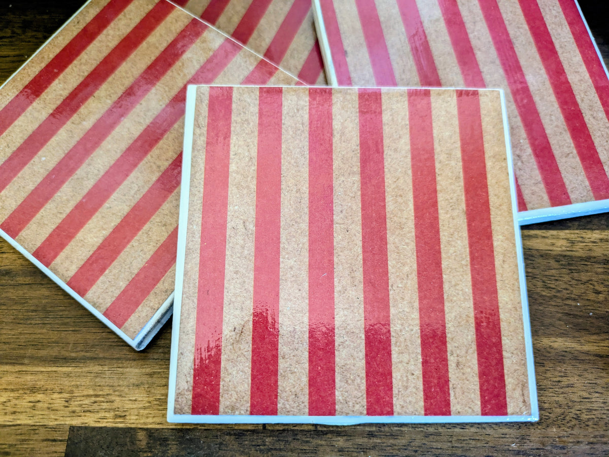 Hand Crafted Ceramic Coaster - Vintage Red Stripe Pattern Set of 4x