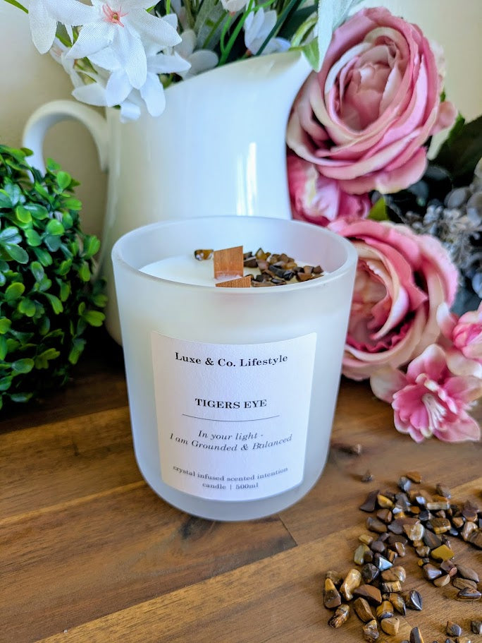TIGERS EYE Crystal Infused Intention Candle - Grounded & Balanced