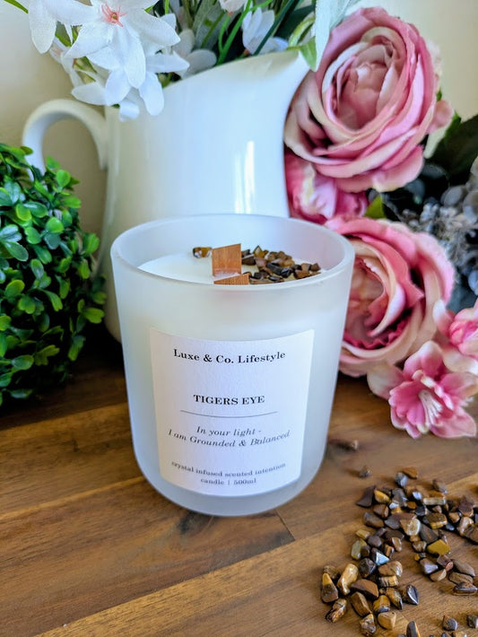 TIGERS EYE Crystal Infused Intention Candle - Grounded & Balanced