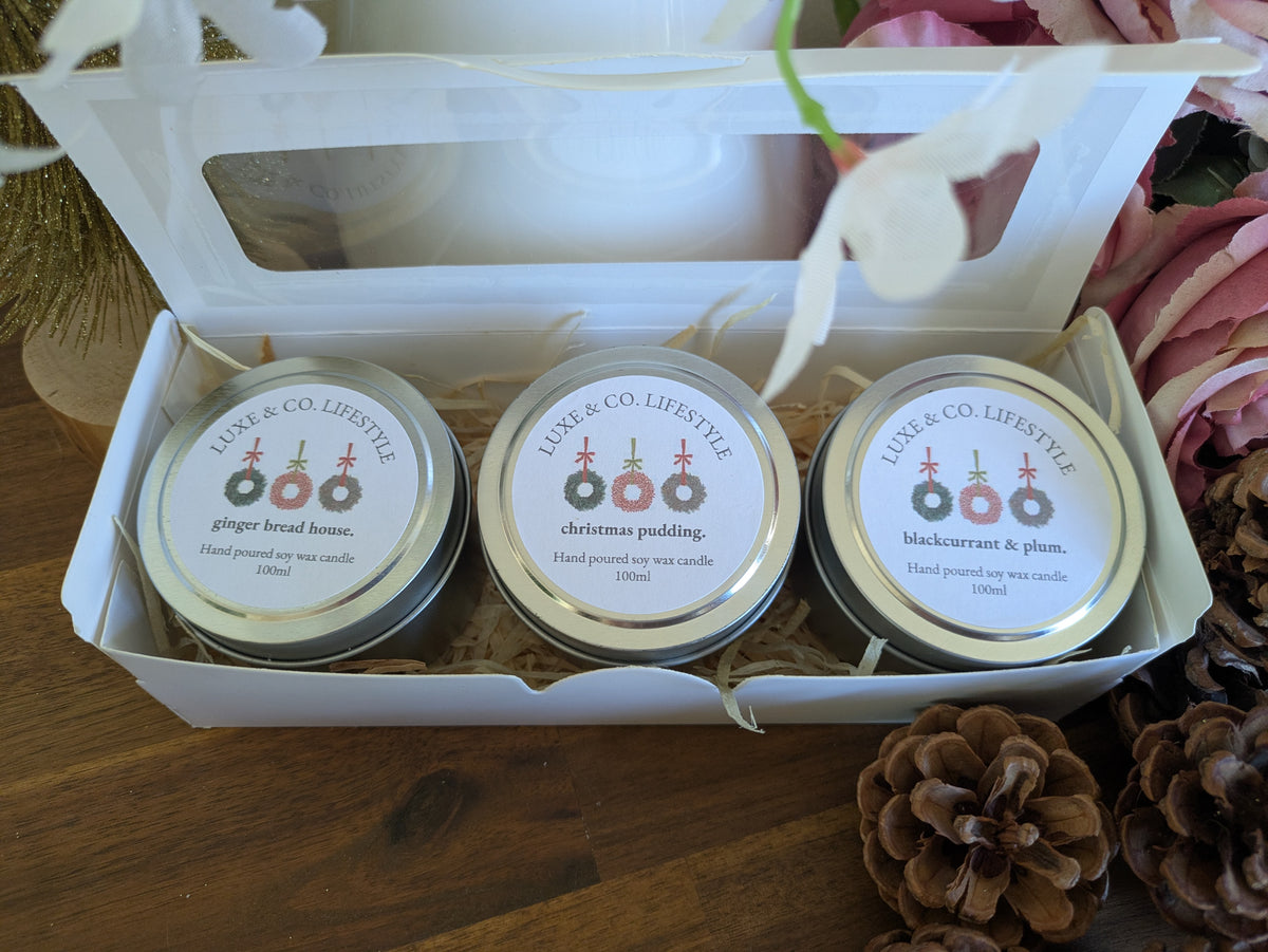 Limited Edition Christmas Scented Soy Wax Tin Candle Set 3x - Traditional