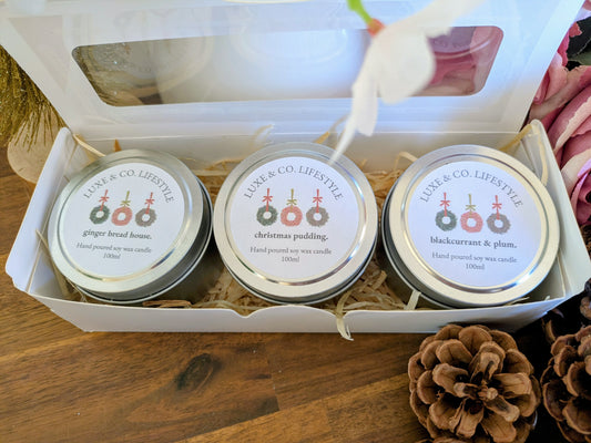 Limited Edition Christmas Scented Soy Wax Tin Candle Set 3x - Traditional