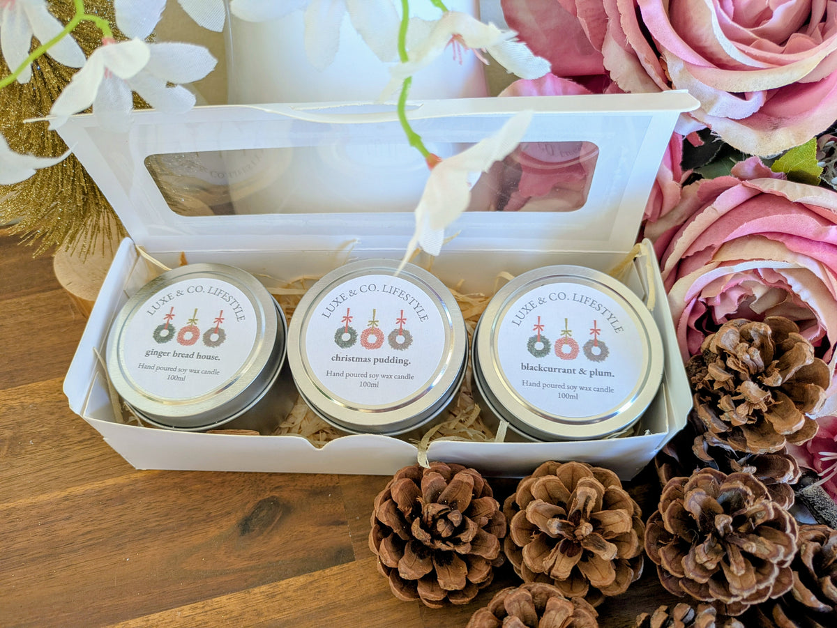 Limited Edition Christmas Scented Soy Wax Tin Candle Set 3x - Traditional