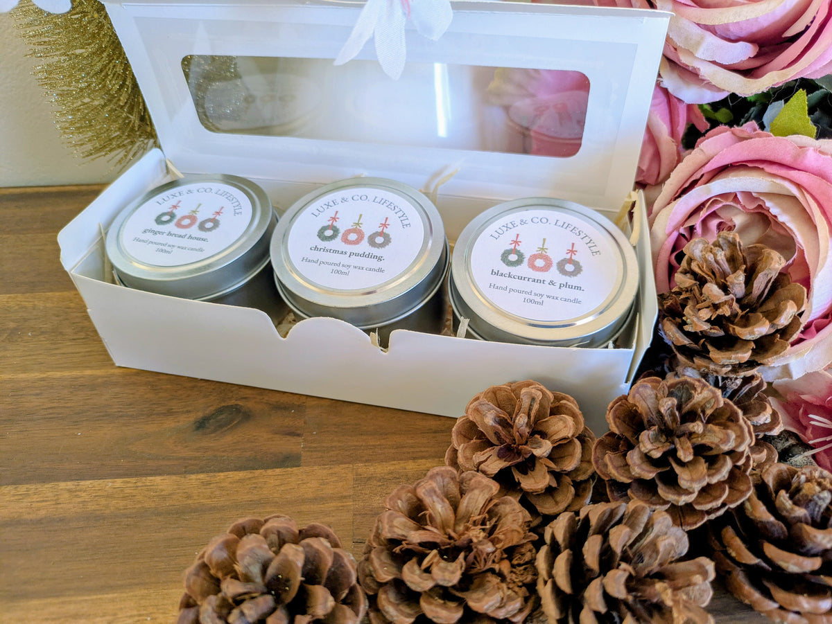 Limited Edition Christmas Scented Soy Wax Tin Candle Set 3x - Traditional
