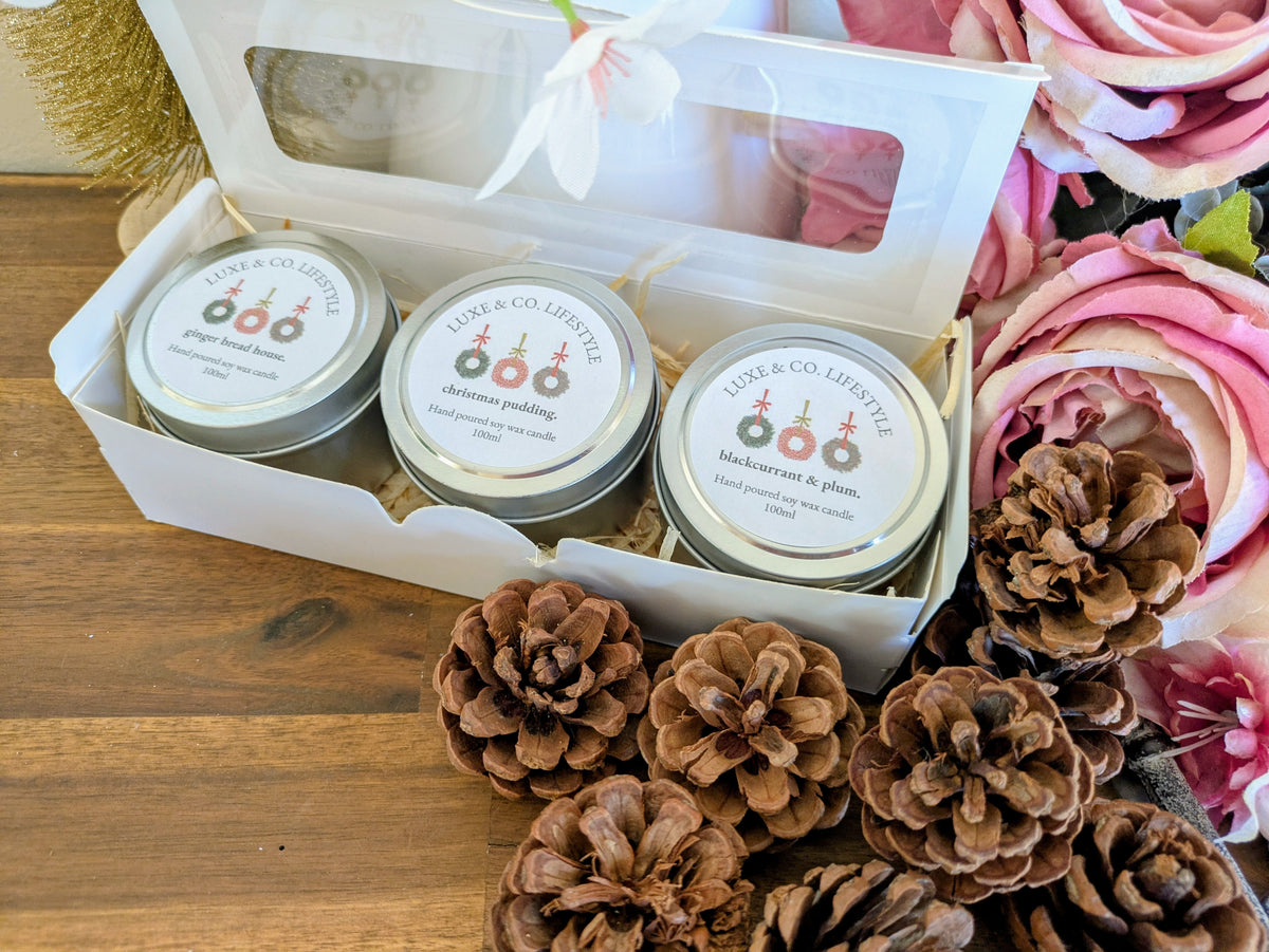 Limited Edition Christmas Scented Soy Wax Tin Candle Set 3x - Traditional