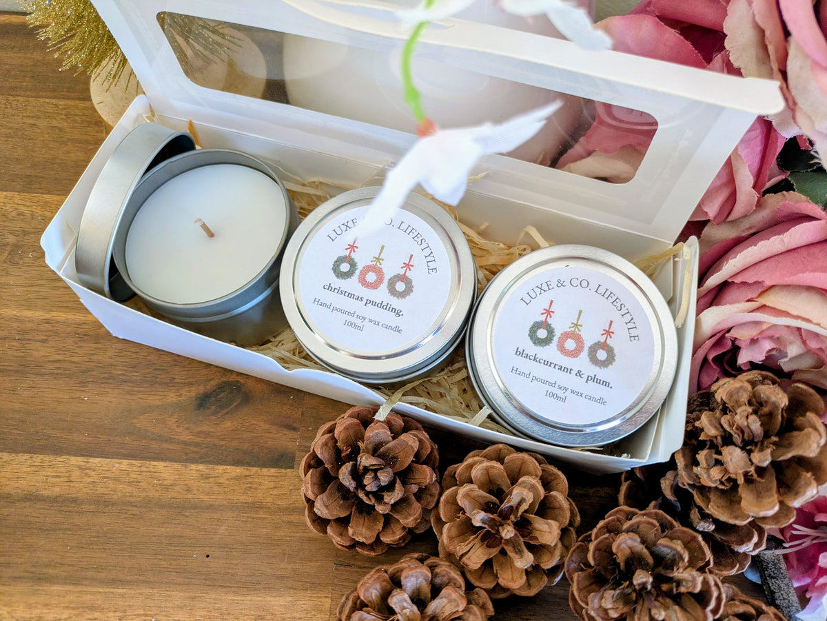 Limited Edition Christmas Scented Soy Wax Tin Candle Set 3x - Traditional