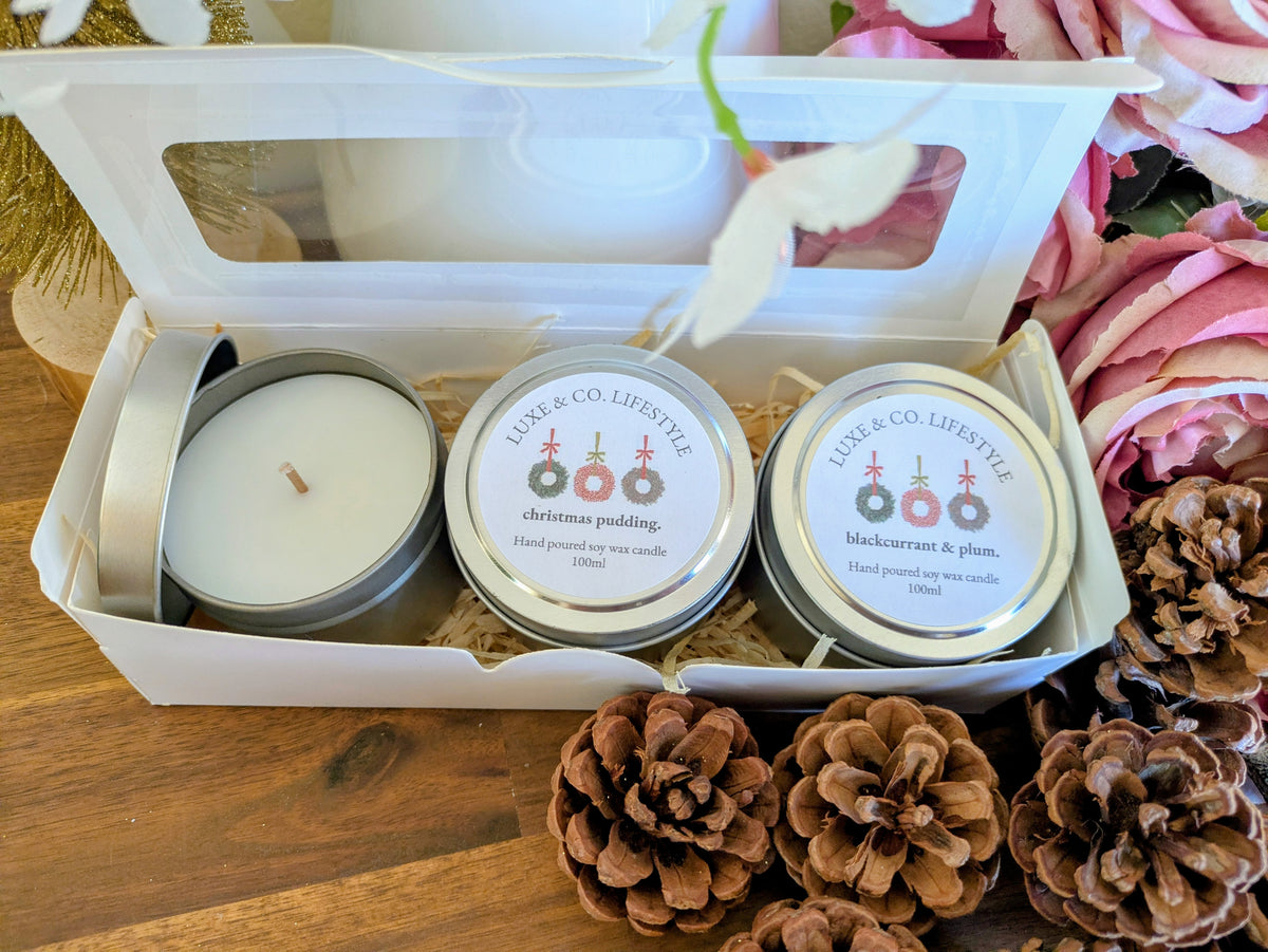 Limited Edition Christmas Scented Soy Wax Tin Candle Set 3x - Traditional