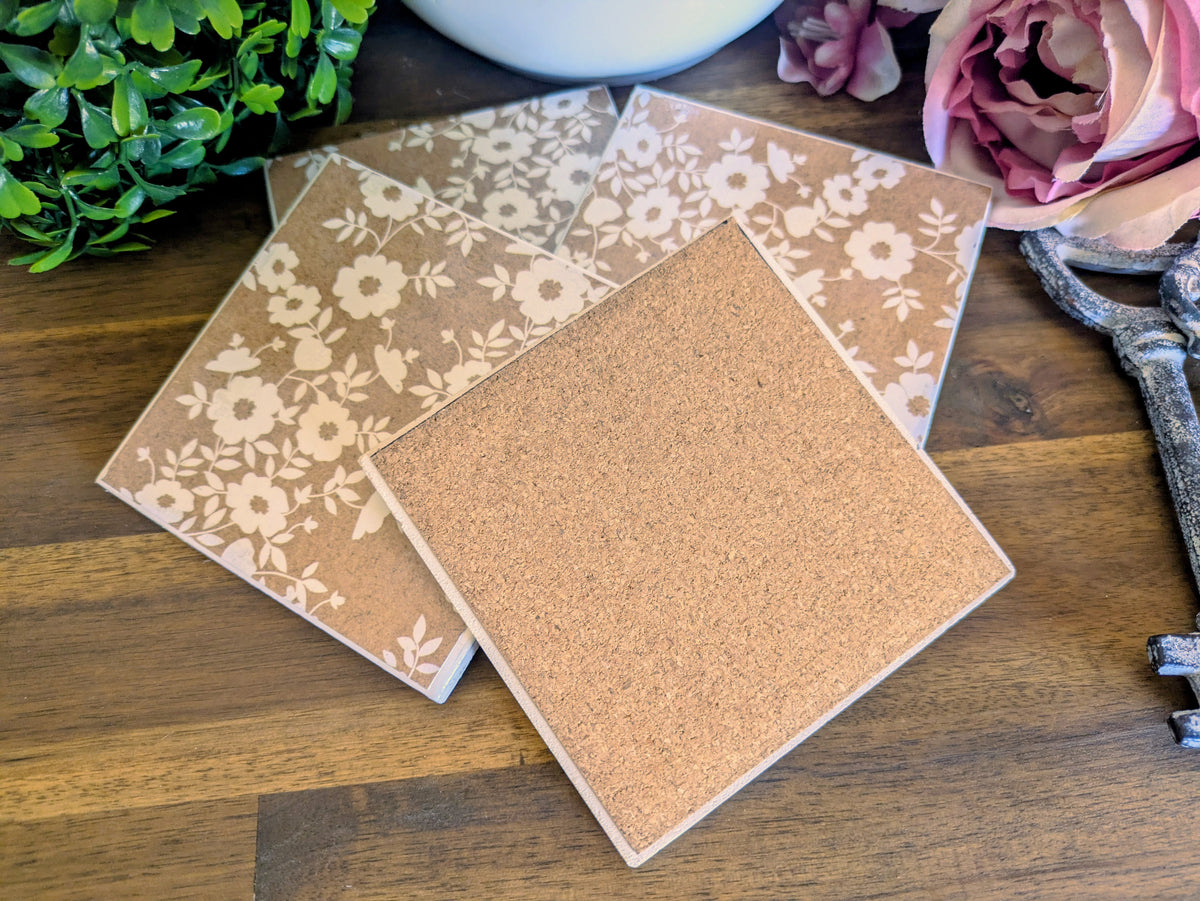 Hand Crafted Ceramic Coaster - Delicate White Floral Pattern Set of 4x