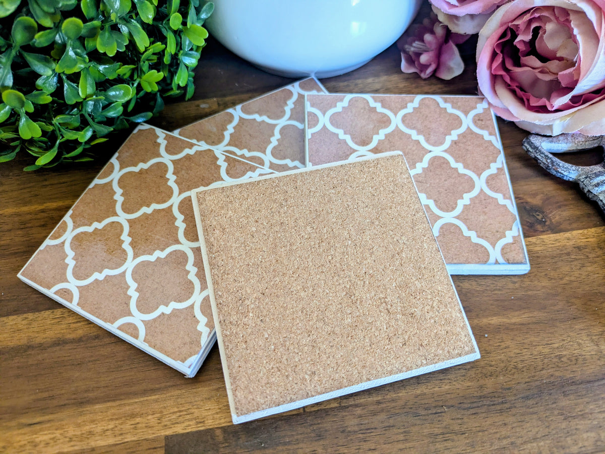 Hand Crafted Ceramic Coaster - Vintage White Geo Pattern Set of 4x