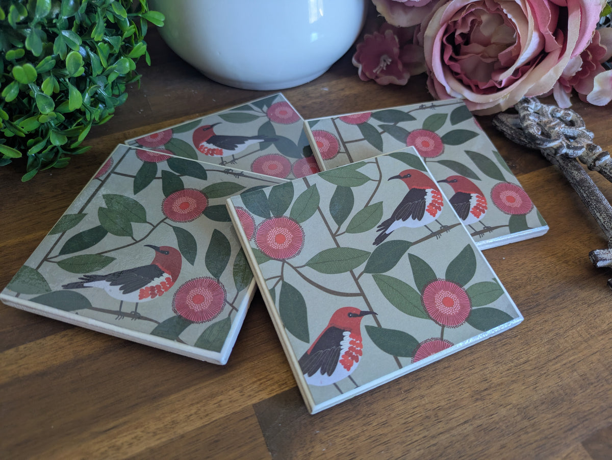 Hand Crafted Ceramic Coaster - Australian Birds Set of 4x (e)