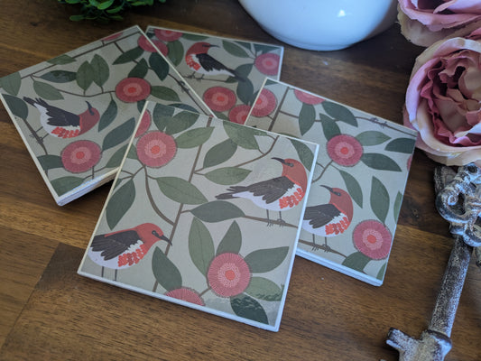 Hand Crafted Ceramic Coaster - Australian Birds Set of 4x (e)