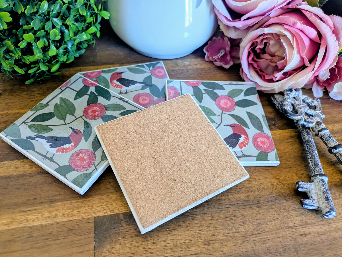 Hand Crafted Ceramic Coaster - Australian Birds Set of 4x (e)
