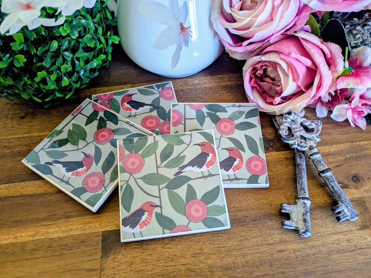 Hand Crafted Ceramic Coaster - Australian Birds Set of 4x (e)