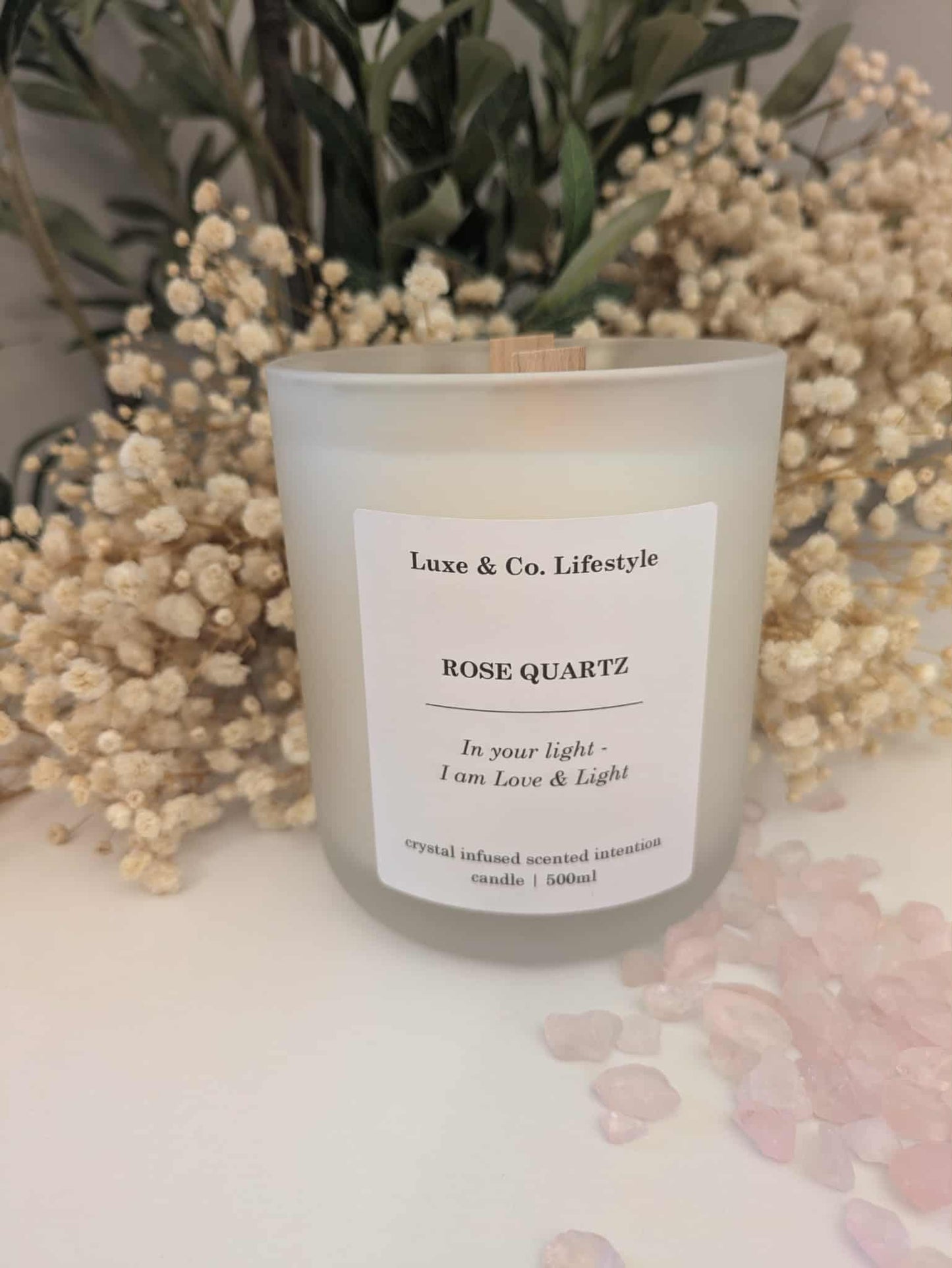 ROSE QUARTZ Crystal Infused Intention Candle - Love & Light