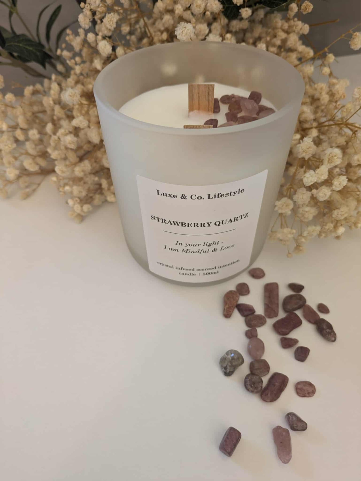 STRAWBERRY QUARTZ Crystal Infused Intention Candle - Mindful & Love