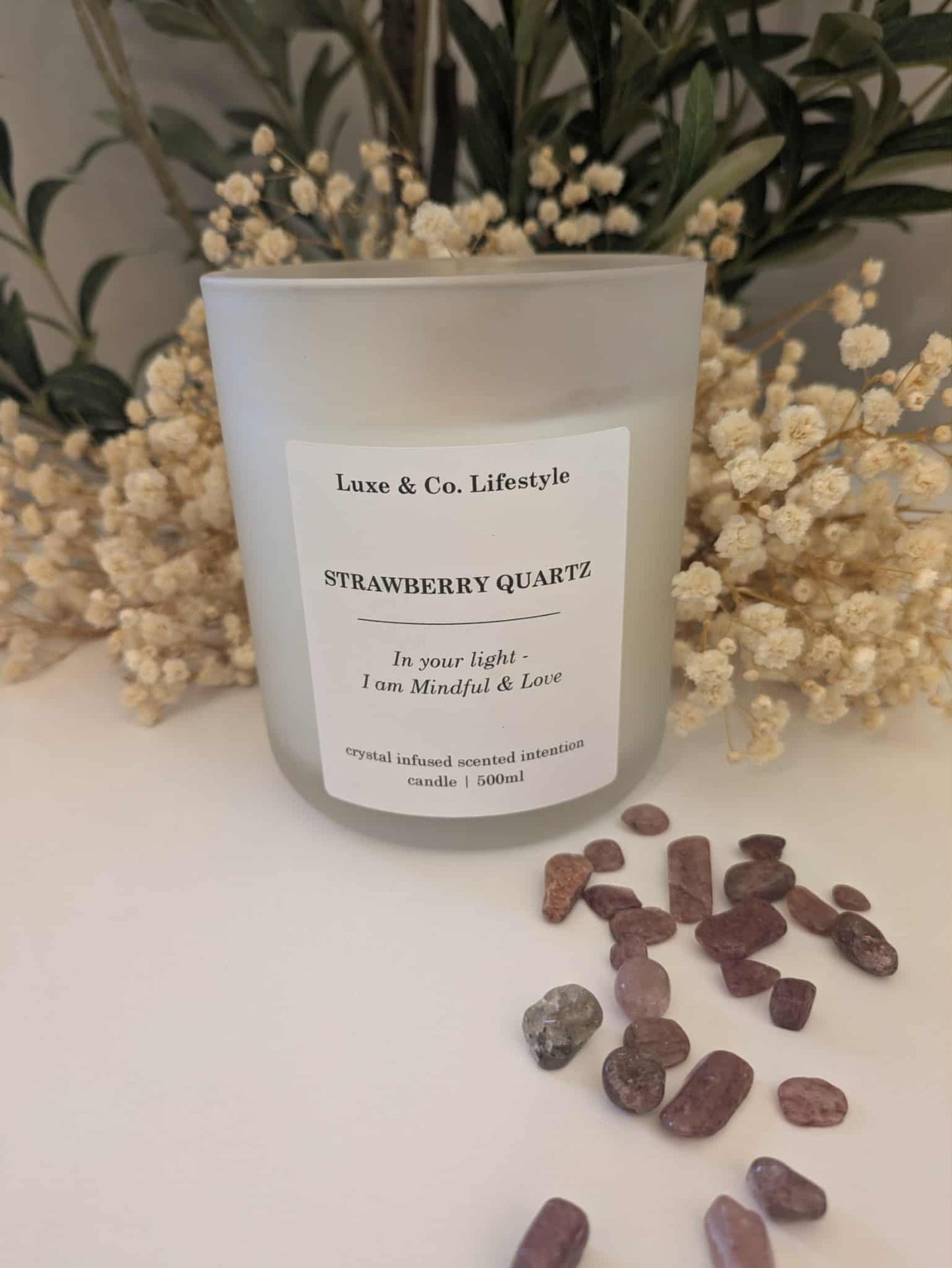 STRAWBERRY QUARTZ Crystal Infused Intention Candle - Mindful & Love