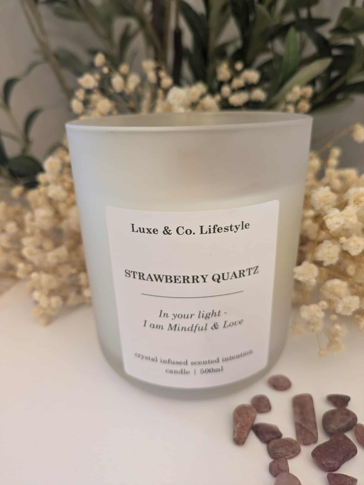 STRAWBERRY QUARTZ Crystal Infused Intention Candle - Mindful & Love